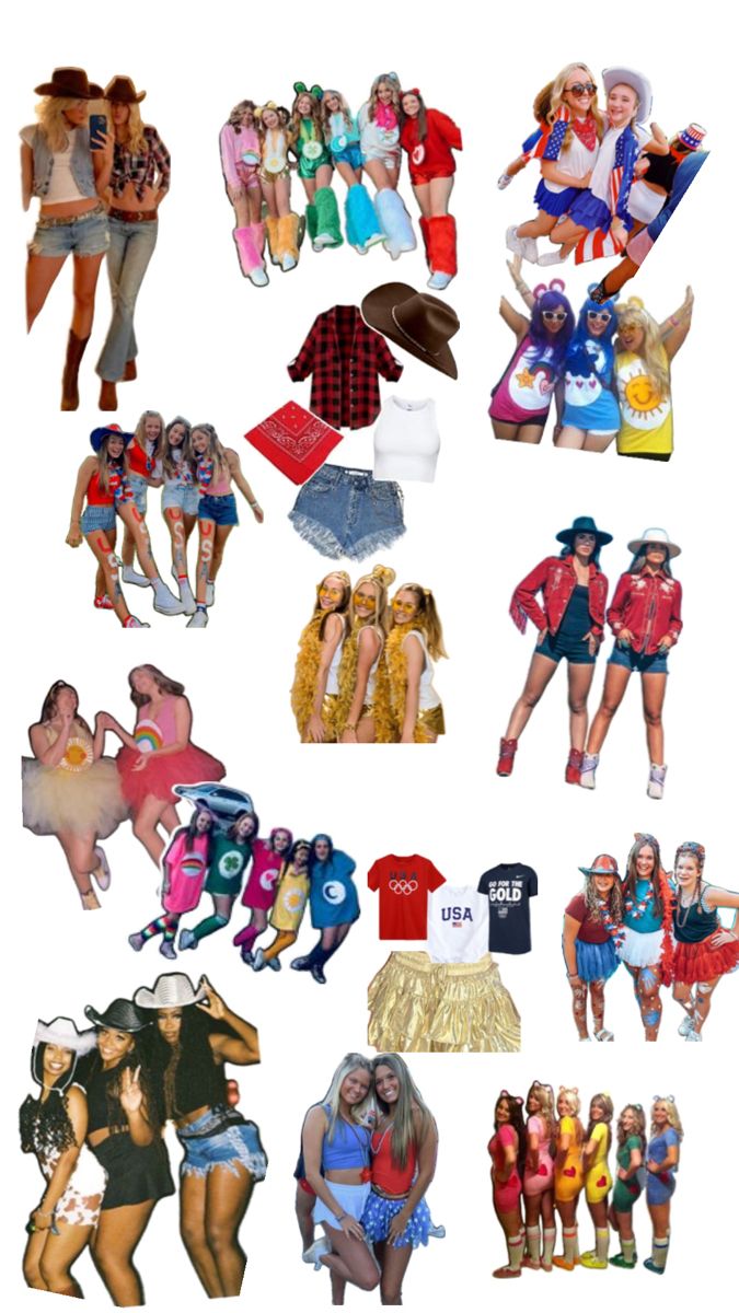 the collage shows many different types of people in costumes and clothes, including one woman with