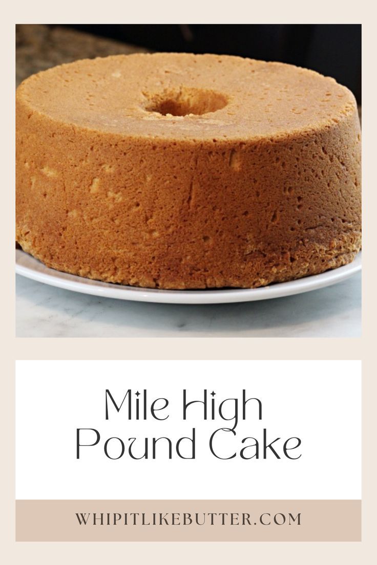 a close up of a cake on a plate with the words, mile high pound cake