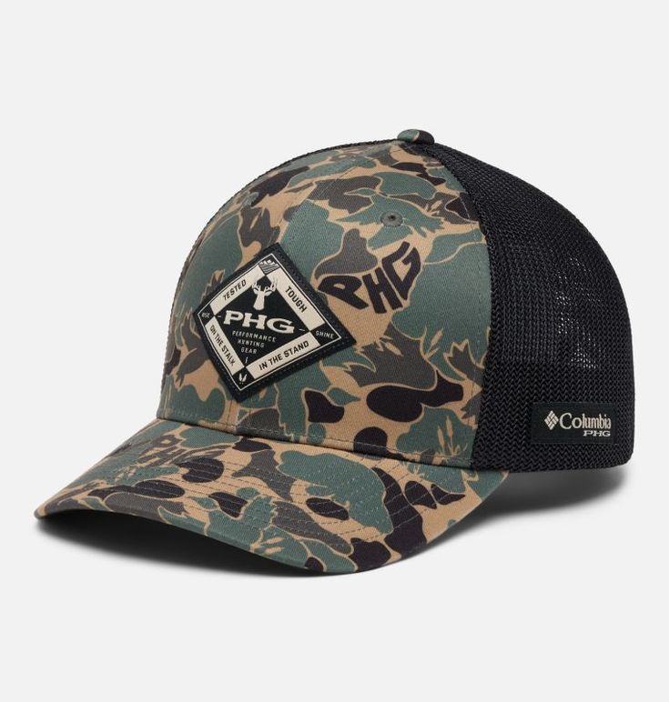 the camo trucker hat is shown in black and green, with an embroidered patch on