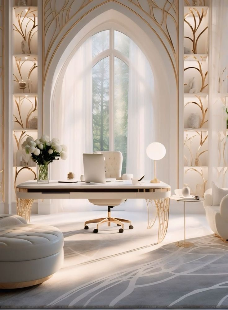 an elegant office with white furniture and large windows