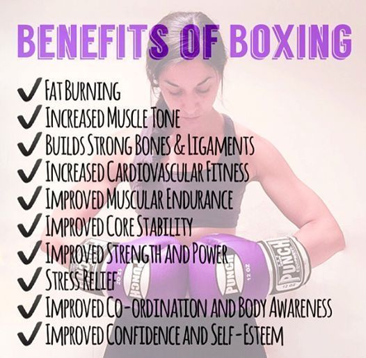 a woman wearing purple boxing gloves with the words benefits of boxing on her chest and arm