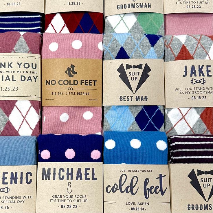 several pairs of socks are displayed in different colors and patterns, with labels on them