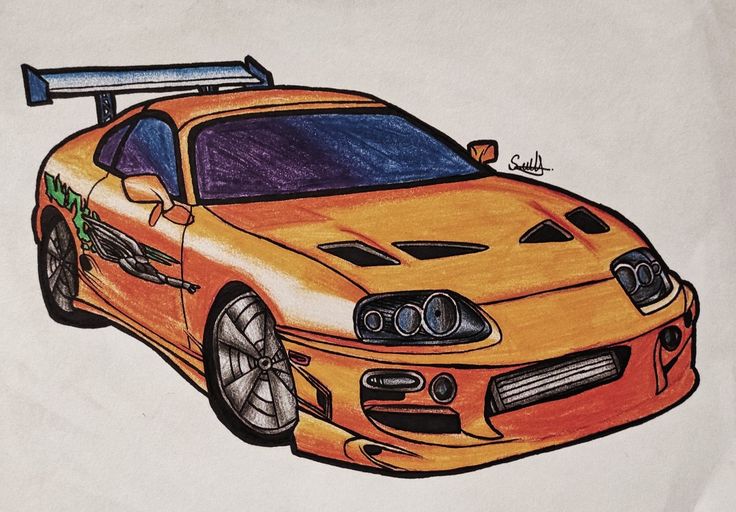 a drawing of an orange sports car