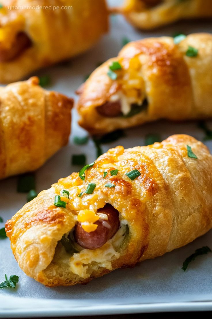 sausage and cheese crescent pastries on a white tray with green garnishes