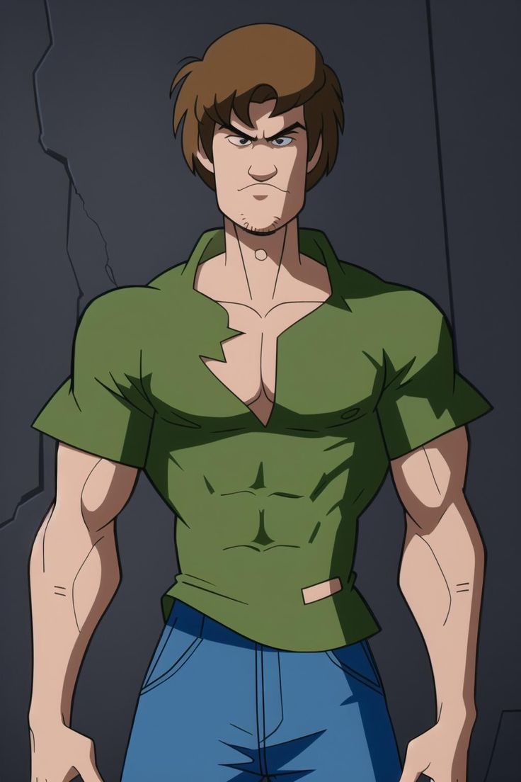 an anime character in green shirt and blue jeans standing with his hands on his hips