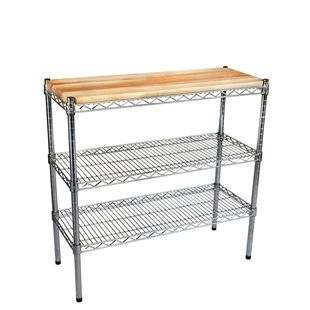 a metal shelf with two shelves and a wooden top