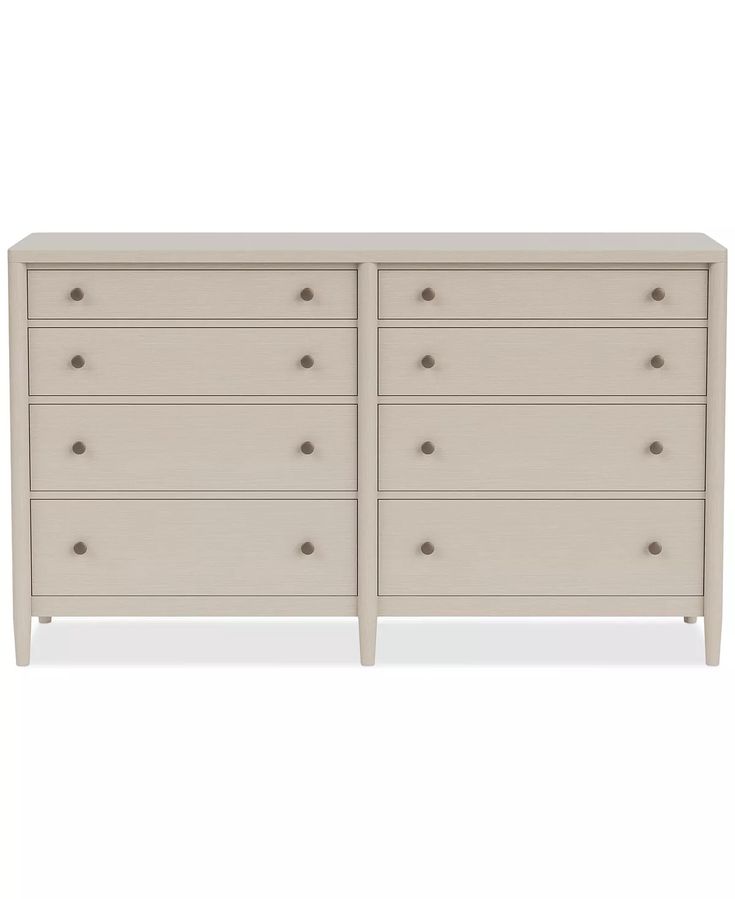 a white dresser with six drawers and two doors on one side, in front of a white background