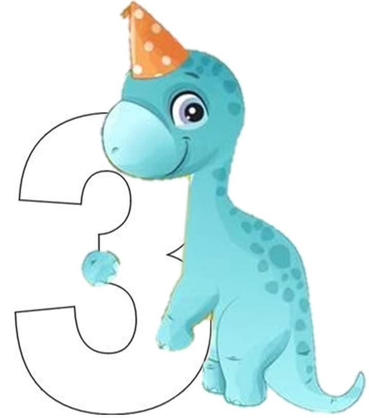 a blue dinosaur with a party hat holding the number three