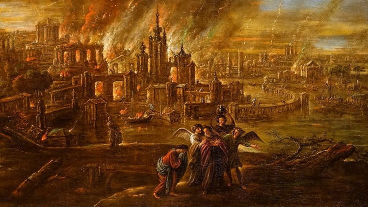 an oil painting of a city on fire with people standing in the foreground looking at it