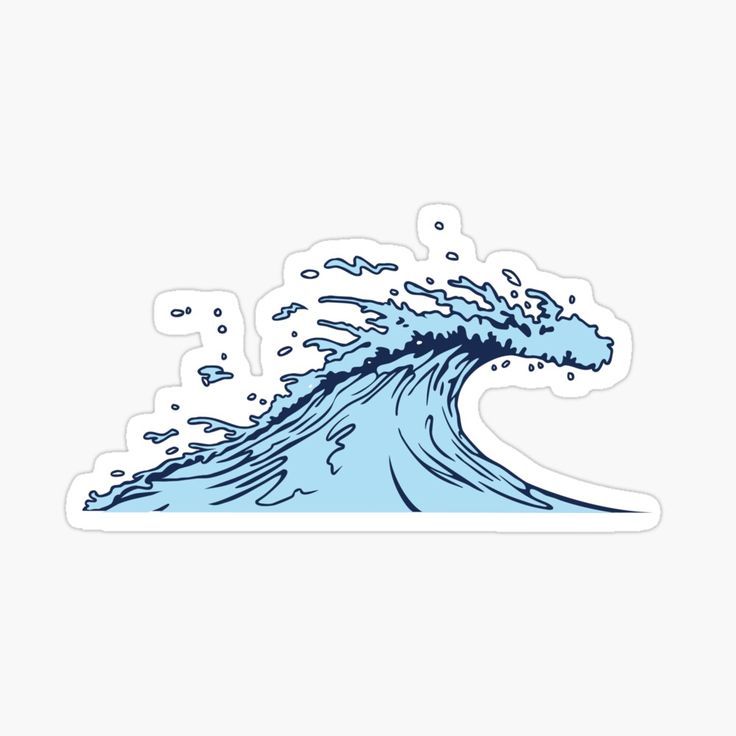 an ocean wave with blue water splashing on the top sticker is shown in white