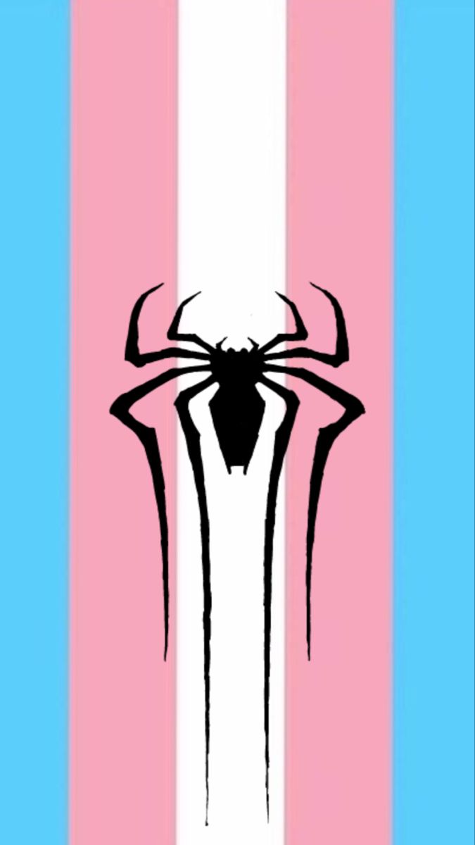 a spider - man logo on a pink, blue and white striped background