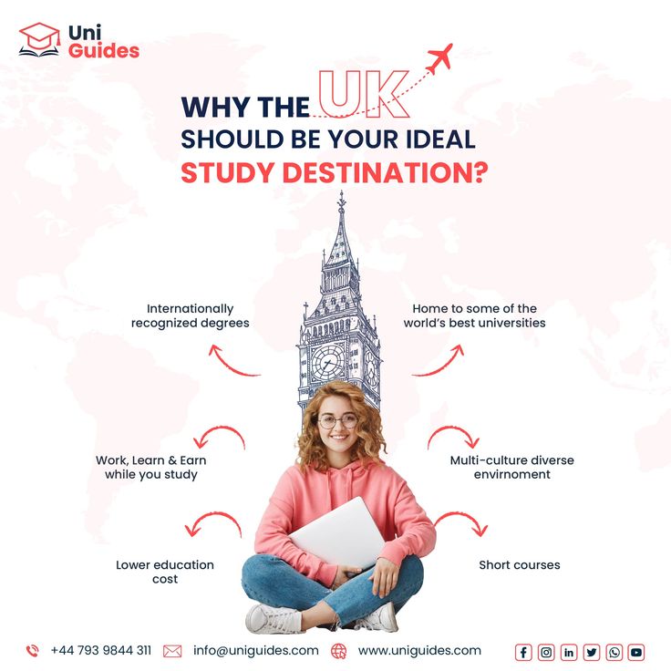 a woman sitting on the ground with her laptop in front of her and an info sheet below that says, why the uk should be your ideal study destination?