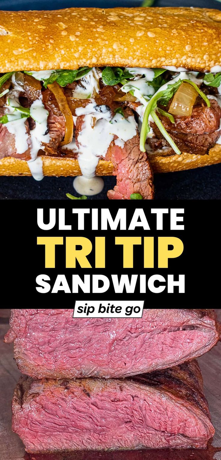 the ultimate steak sandwich is on display in front of an image with text overlaying it