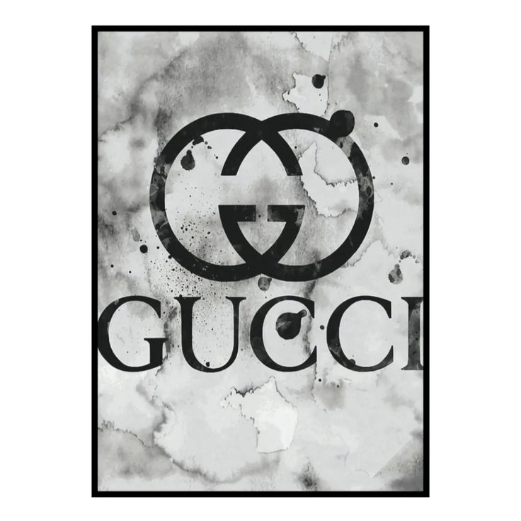 the gucci logo is shown on a black and white background with watercolor stains