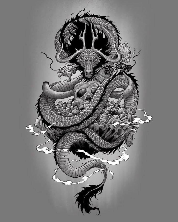 a black and white drawing of a dragon sitting on top of a body of water