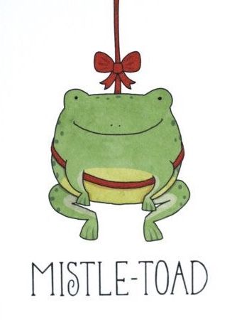 a green frog with a red bow hanging from it's head and the words mistle - toad written below