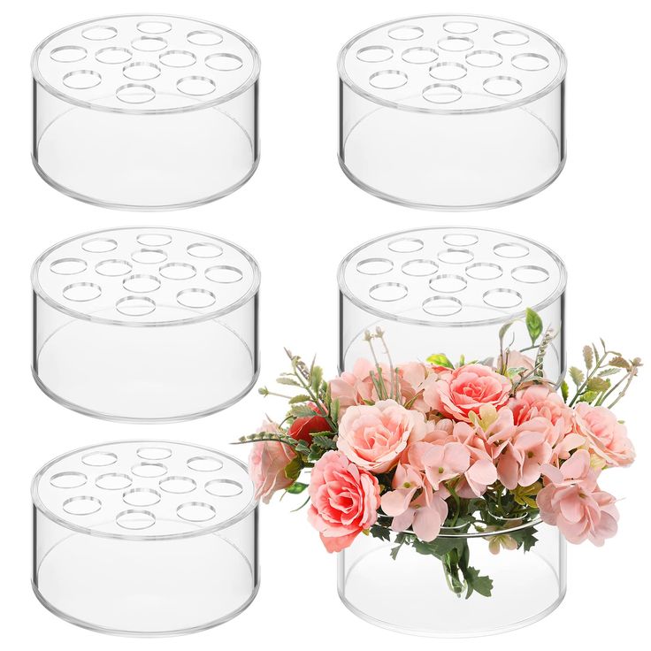 four clear vases with pink flowers in them on a white background, set of 4