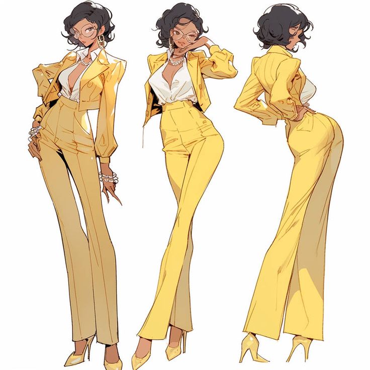 three different views of a woman in yellow suit and high heeled shoes, with her hands on her hips