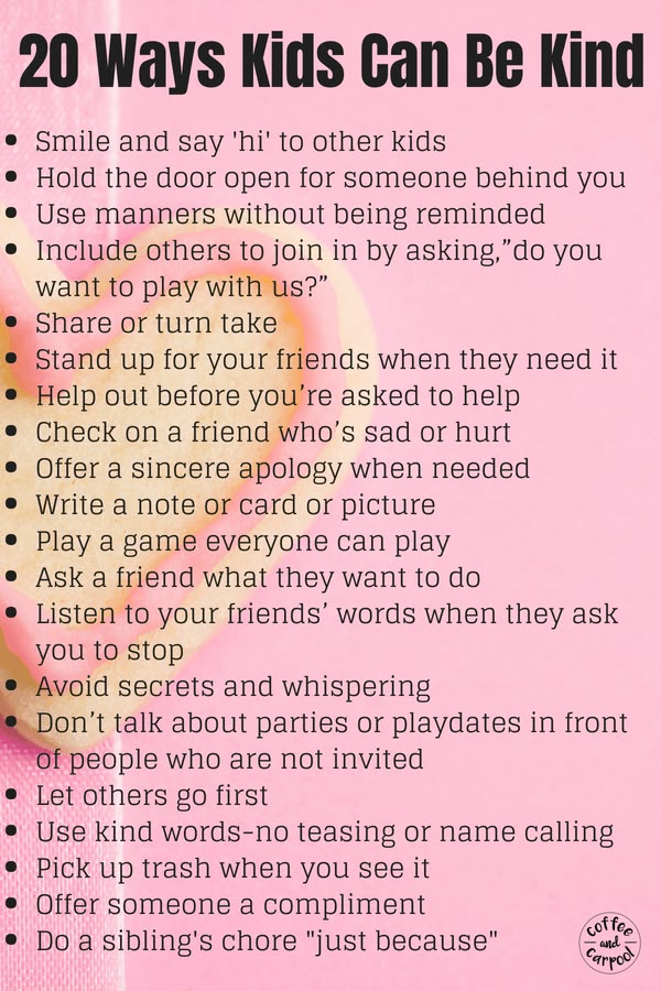 a pink poster with the words 20 ways kids can be kind to do on it