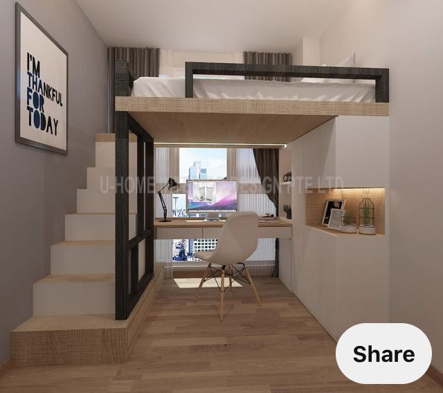 a loft bed sitting above a wooden floor next to a white desk and chair on top of a hard wood floor