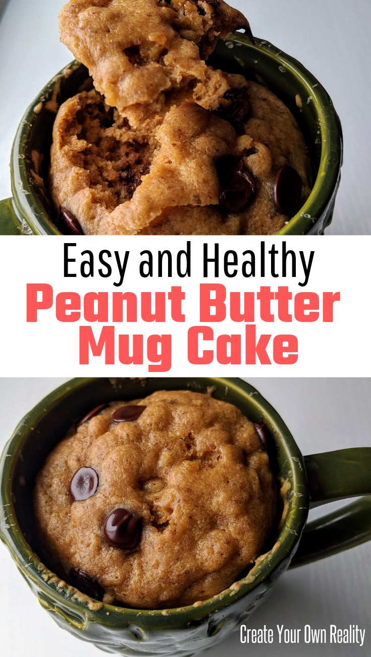 easy and healthy peanut butter mug cake recipe with chocolate chip cookies in the middle, ready to be eaten