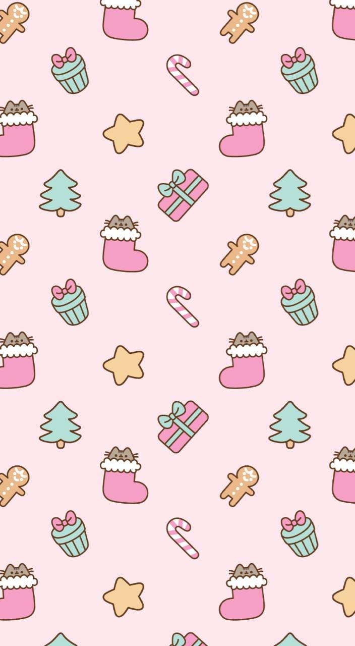 a pink wallpaper with many different types of food and decorations on it's surface