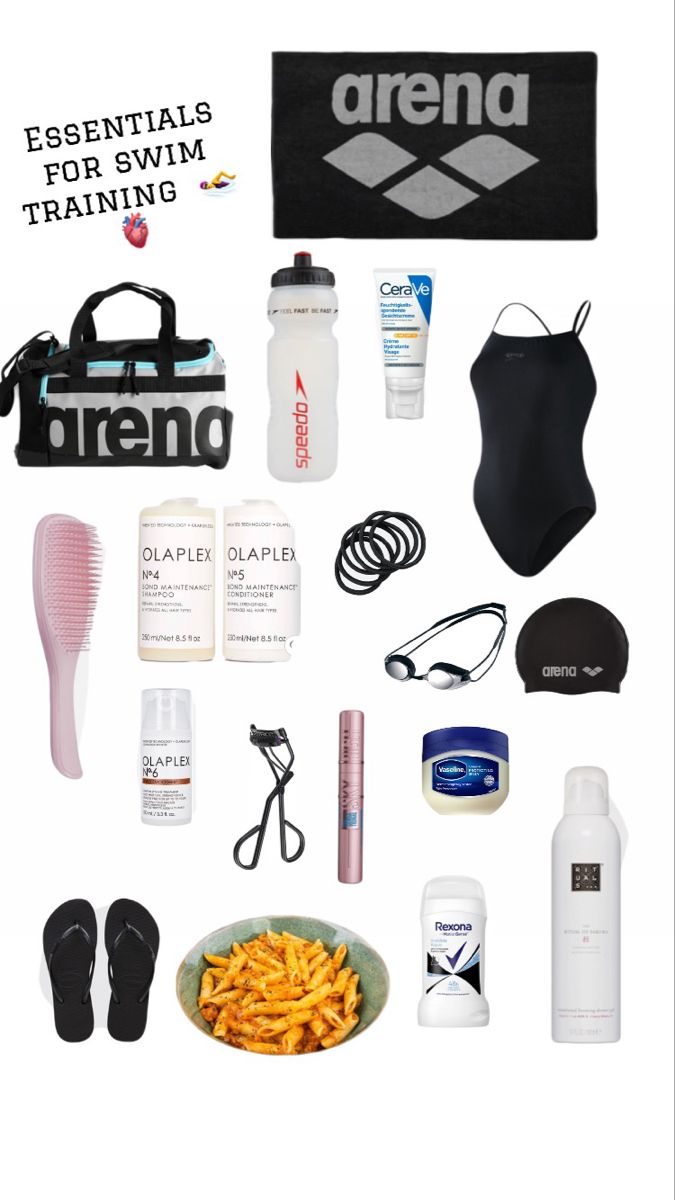 the contents of a personal gym bag laid out on top of each other, including water bottle, towel, shoelaces, and sports bra