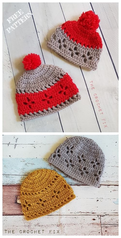 two crocheted hats with red and grey pom - poms on them