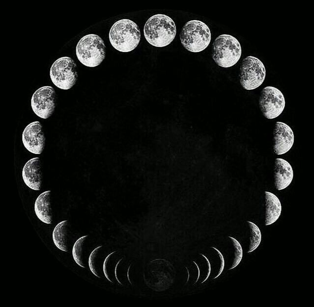 the phases of the moon are shown in this black and white photo, which is circularly arranged