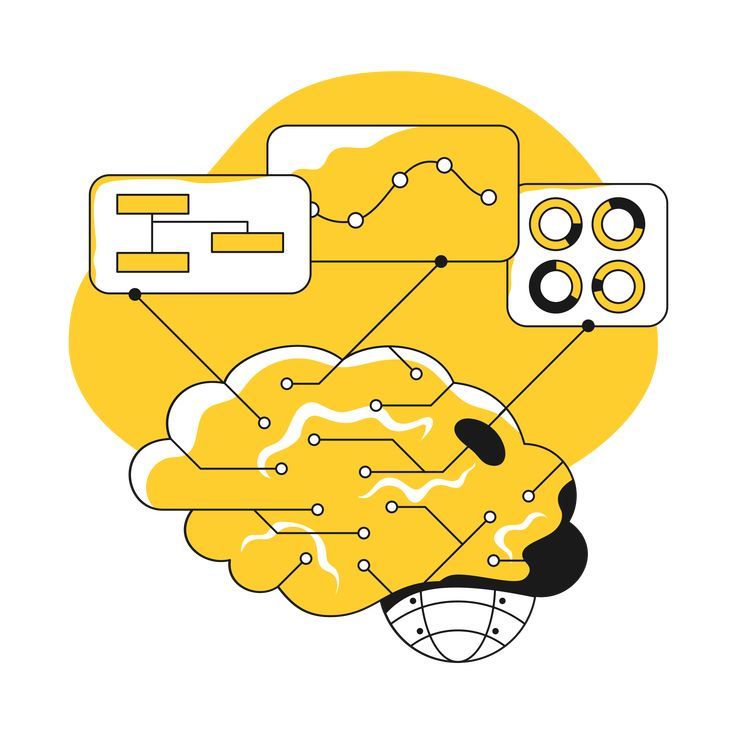 a yellow and black illustration of a brain with circles around it on a white background