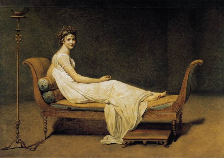 a painting of a woman laying on a bed with a lamp next to her and the words madam recliner 1800