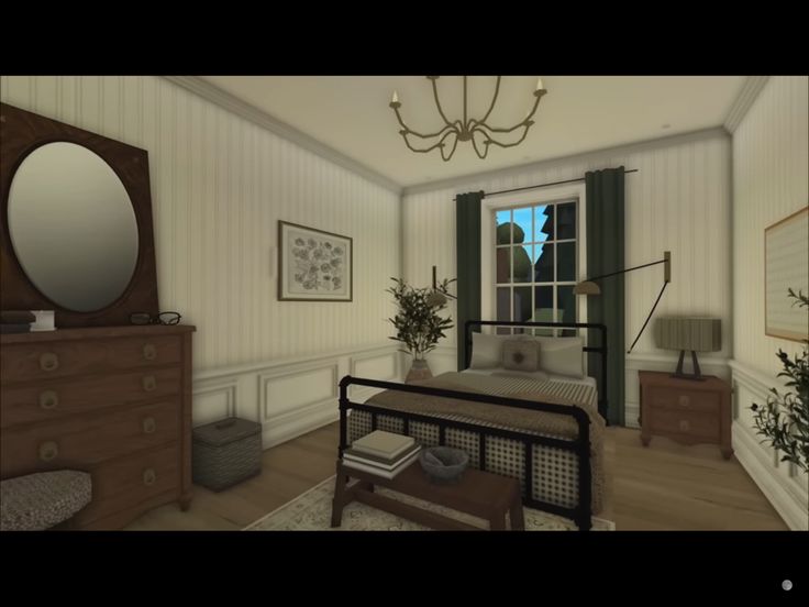 a bedroom scene with focus on the bed and dresser in the foreground as well as a mirror