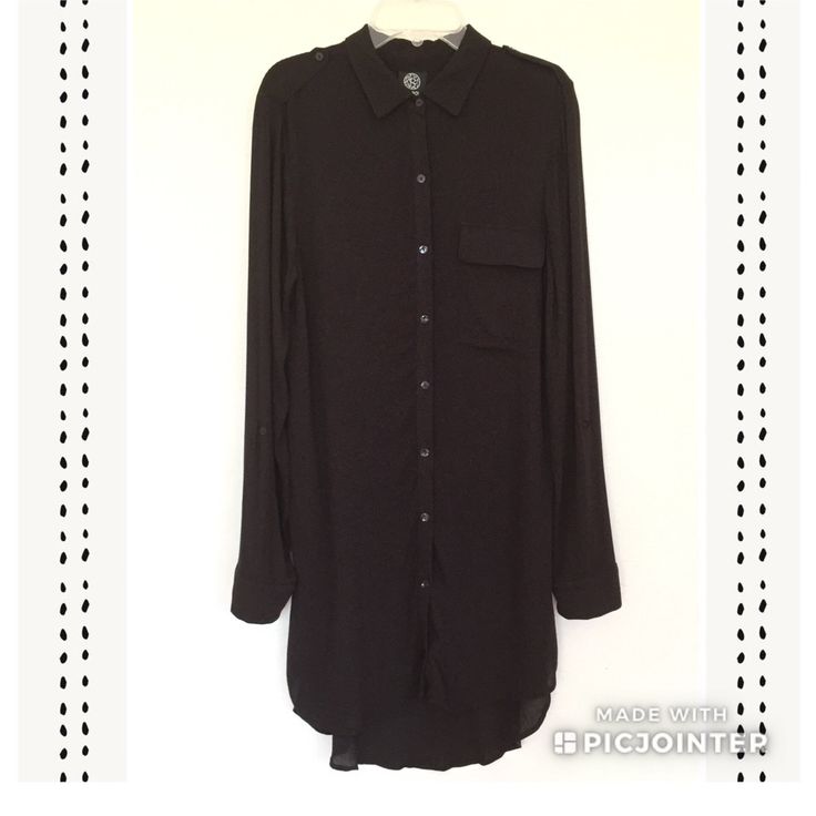 Drapey Black Tunic By Bobeau With Button Down Front, Epaulets, Slight Hi-Low Hem Made In 100% Rayon. Approximate Measurements: Front Length: 32” Back Length: 37” Sleeve Length: 24” Pit To Pit: 18” Excellent Condition As Never Been Worn. Black Shirt For Layering In Spring, Versatile Black Button-up Shirt, Button-up Blouse For Layering, Black Blouse With Shirttail Hem For Daywear, Summer Button-up Blouse For Layering, Summer Layering Button-up Blouse, Black Collared Blouse For Layering, Black Shirt With Shirttail Hem, Black Shirt With Button Closure And Shirttail Hem