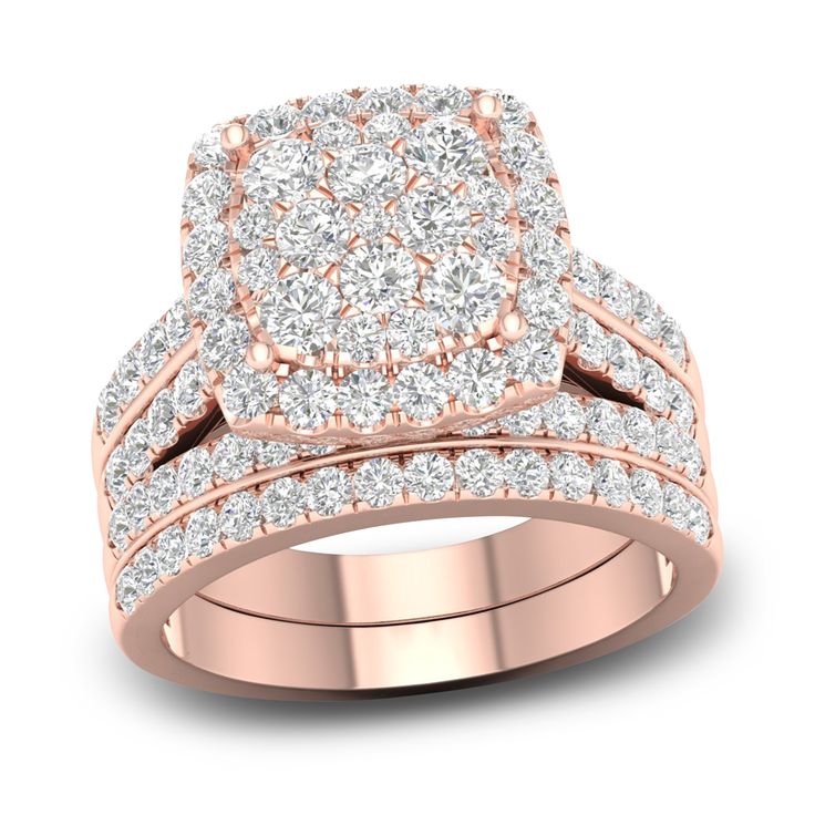 a rose gold wedding ring set with two rows of round cut diamonds on each band