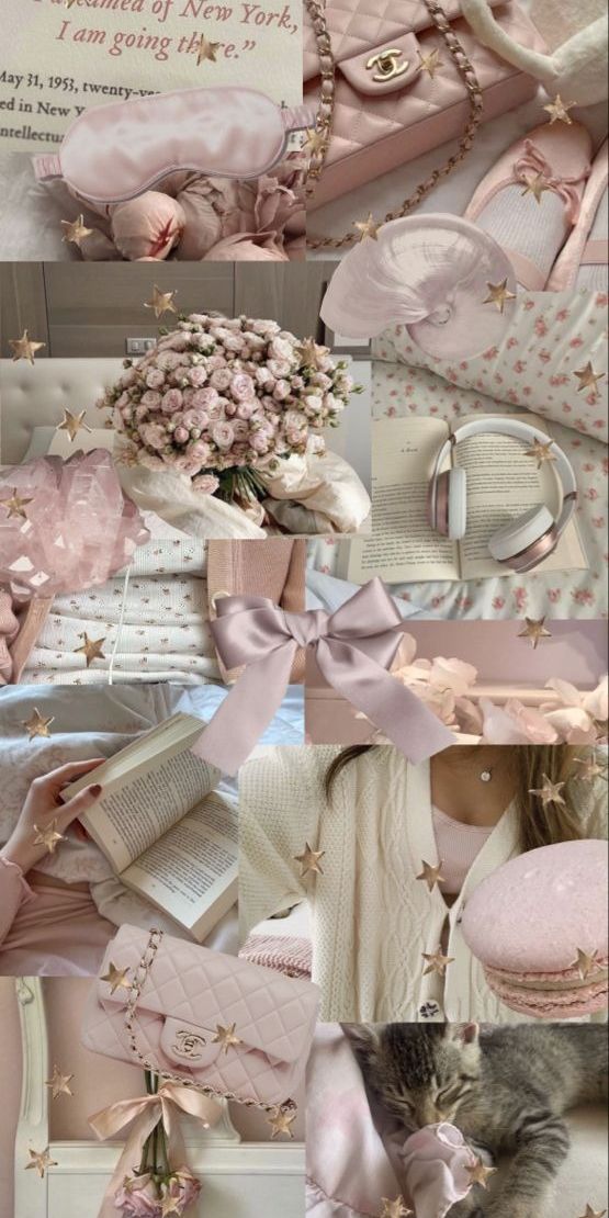 a collage of pink and white items with stars on the top, in different colors