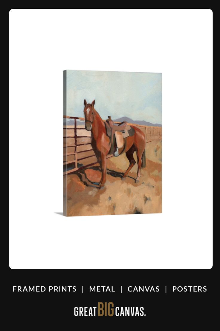 a painting of two horses standing next to each other near a fence in the desert