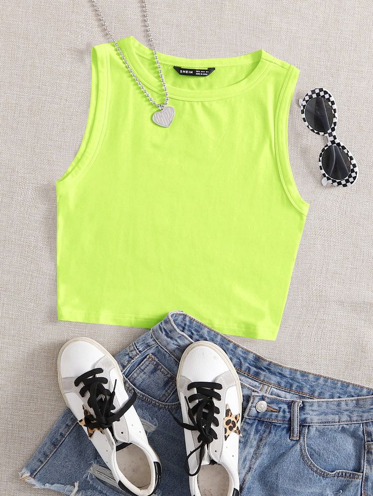 Lime Green Casual   Cotton Plain Tank Embellished Slight Stretch Summer Women Tops, Blouses & Tee Green Crop Top Outfit, Preppy Tank Tops, Green Top Outfit, Green Outfits For Women, Neon Green Top, Adrette Outfits, Neon Top, Neon Outfits, Tank Outfit