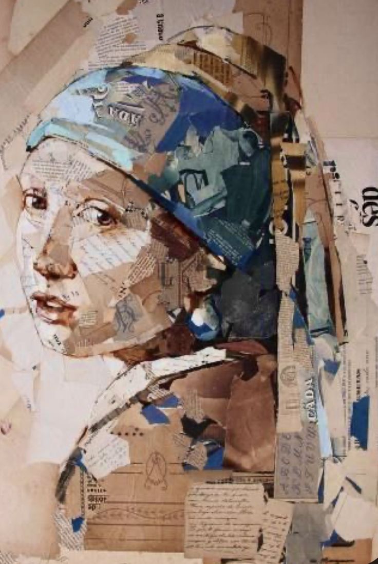 a woman's face is covered in torn paper and other things that have been placed on it