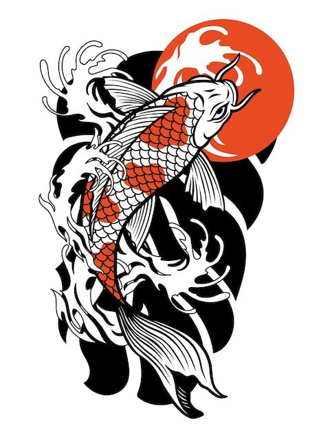 a koi fish in the water with an orange sun on it's back