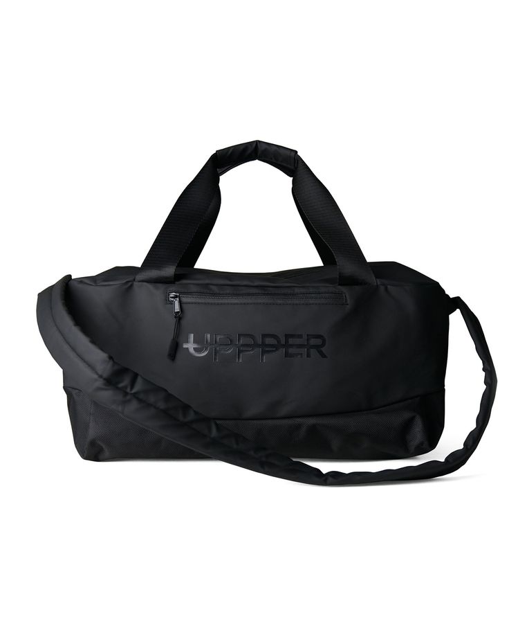 a black duffel bag with the word upper printed on it's front pocket