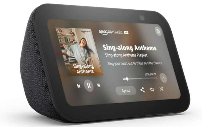 an amazon echo device is shown with the music player on it's display screen