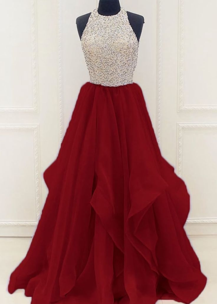 Gorgeous Beaded Sequins Prom Dresses Embellished Chiffon Prom Gown, Embellished Chiffon Gown For Prom, Floor-length Embellished Gown For Homecoming, Embellished Chiffon Prom Evening Dress, Embellished Chiffon Evening Dress For Prom, Embellished Chiffon Evening Gown, Embellished Chiffon Gown For Evening, Floor-length Rhinestone Homecoming Dress, Red Chiffon Party Gown