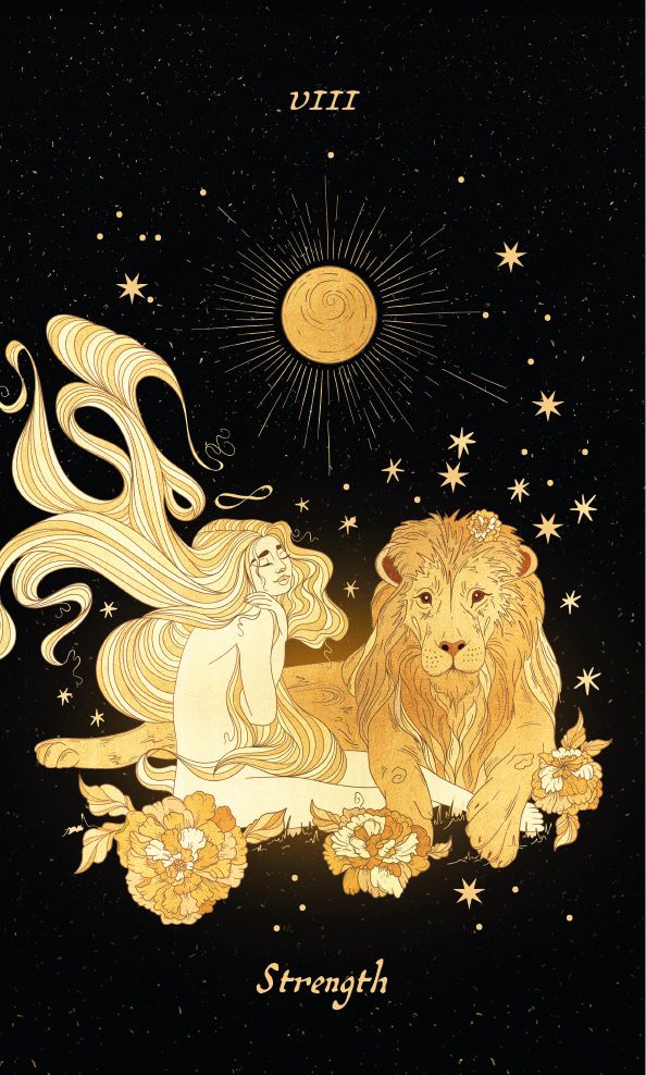 the zodiac sign for strength with an image of a lion and a woman sitting on flowers