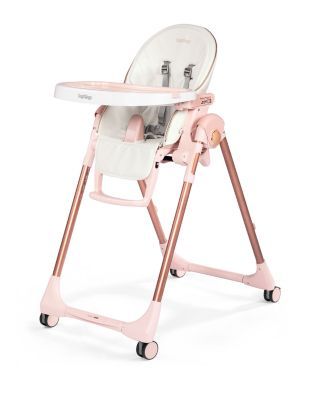 the high chair is pink and has wheels on each side, which are attached to two legs