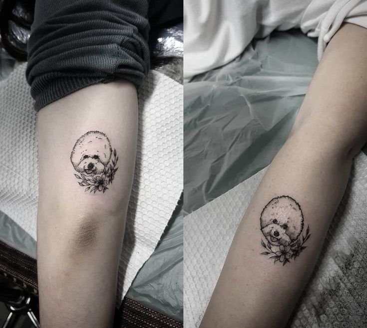 two people with tattoos on their arms, one has a skull and the other has a dog