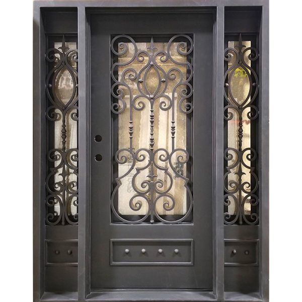 an ornate iron door with glass panels and decorative wrought designs on the front entrance to a home