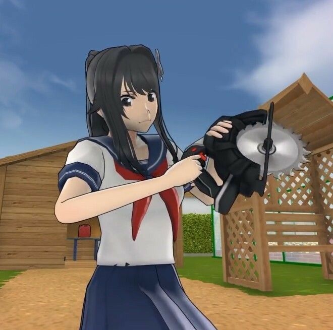 an animated girl holding a blow dryer in her right hand and looking at the camera