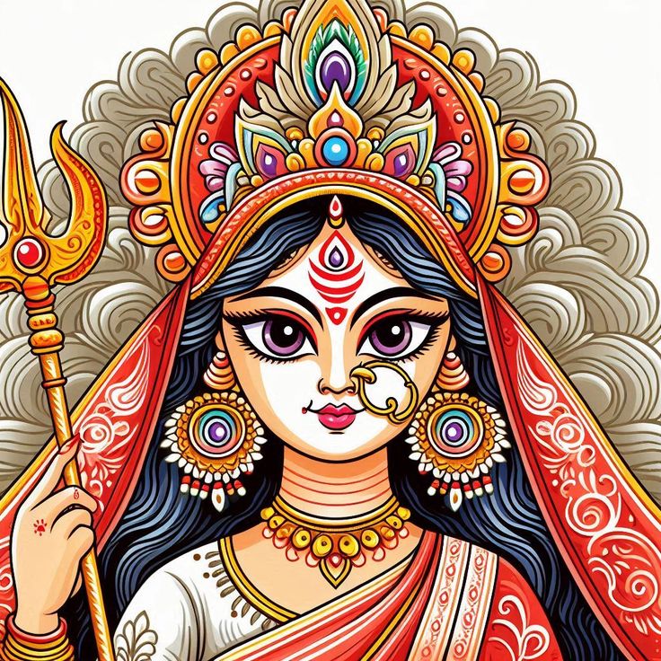 Maa Durga Illustration, Durga Goddess Drawing, Maa Durga Drawing Sketch, Drawing Of Durga Maa, Durga Maa Mandala Art, Durga Drawing Art, Durga Maa Drawing, Maa Durga Drawing, Durga Drawing