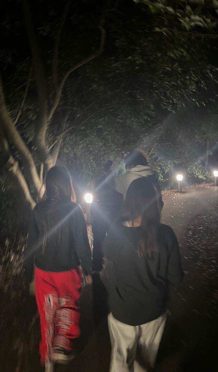 three people walking down a path at night with their flashlights glowing in the dark