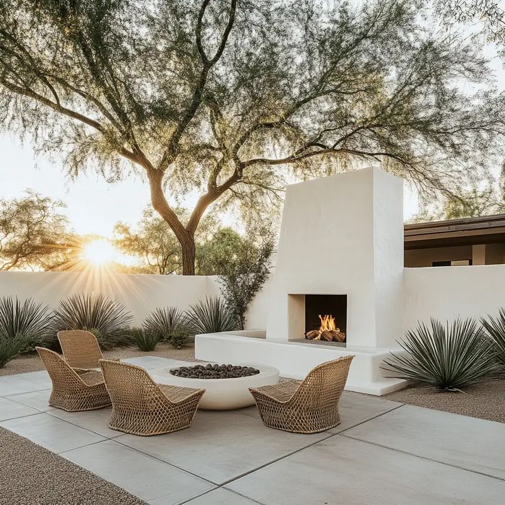 an outdoor fireplace with wicker chairs around it